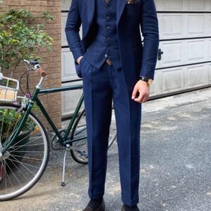 Autumn Winter Retro Herringbone Wool Slim Fit Men's Suits - Navy Blue, Suit XL vest XL pants 32